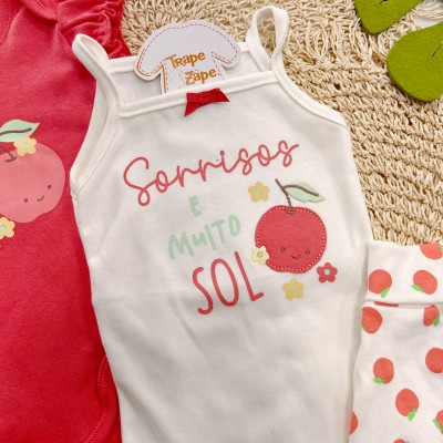 CONJ. DE MALHA 3 PEÇAS - Sorrisos e Muito Sol - Cereja e Off White